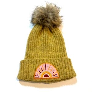 Virginia Wolf The Sunray Mustard Ribbed Knit Pom Beanie Sunburst Patch Boho OS